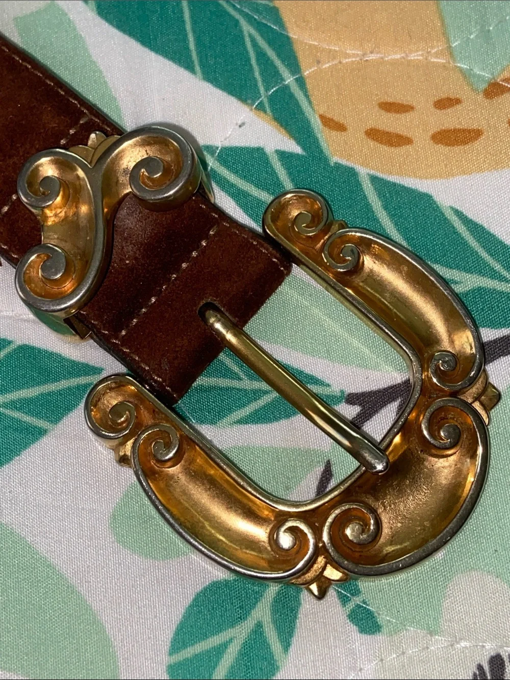 Vintage 90s Brighton TWEED HEARTS Brown Leather Link Belt Gold Ornate